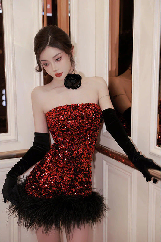 Quintina Sequin Feather Strapless Mini Dress In Red
