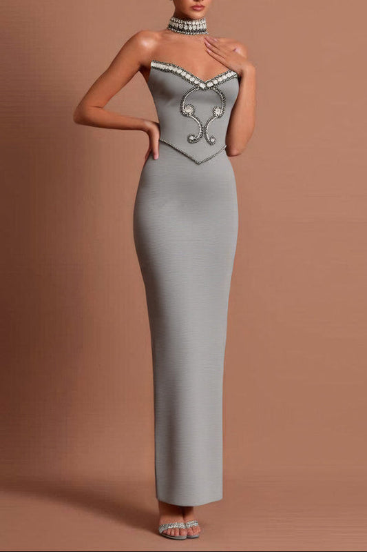 alyssa Gray Crystal Embellished Strapless Gown with Choker