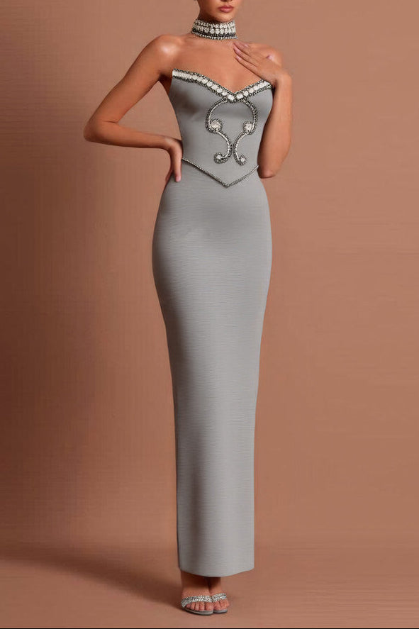 Alyssa Gray Crystal Embellished Strapless Gown With Choker