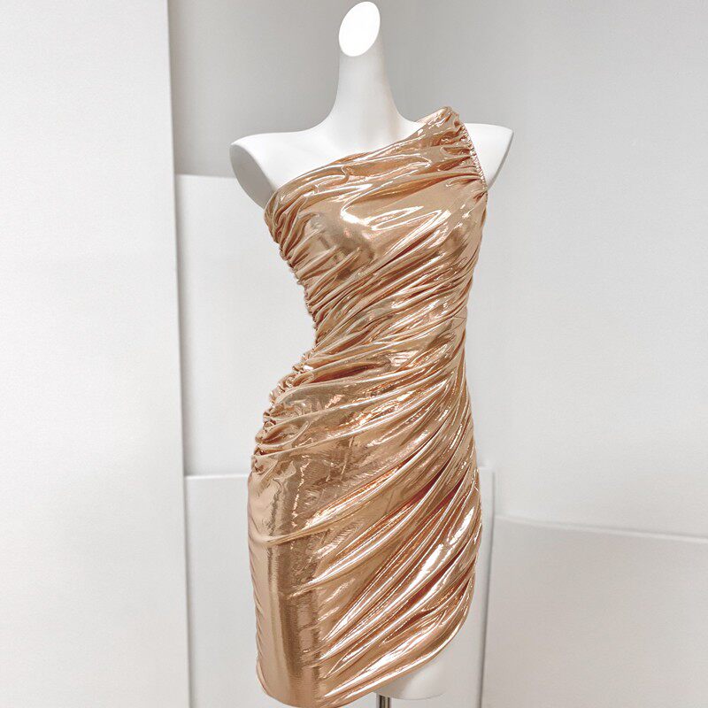 Frederica One-Shoulder Ruched Bodycon Mini Dress - Gold