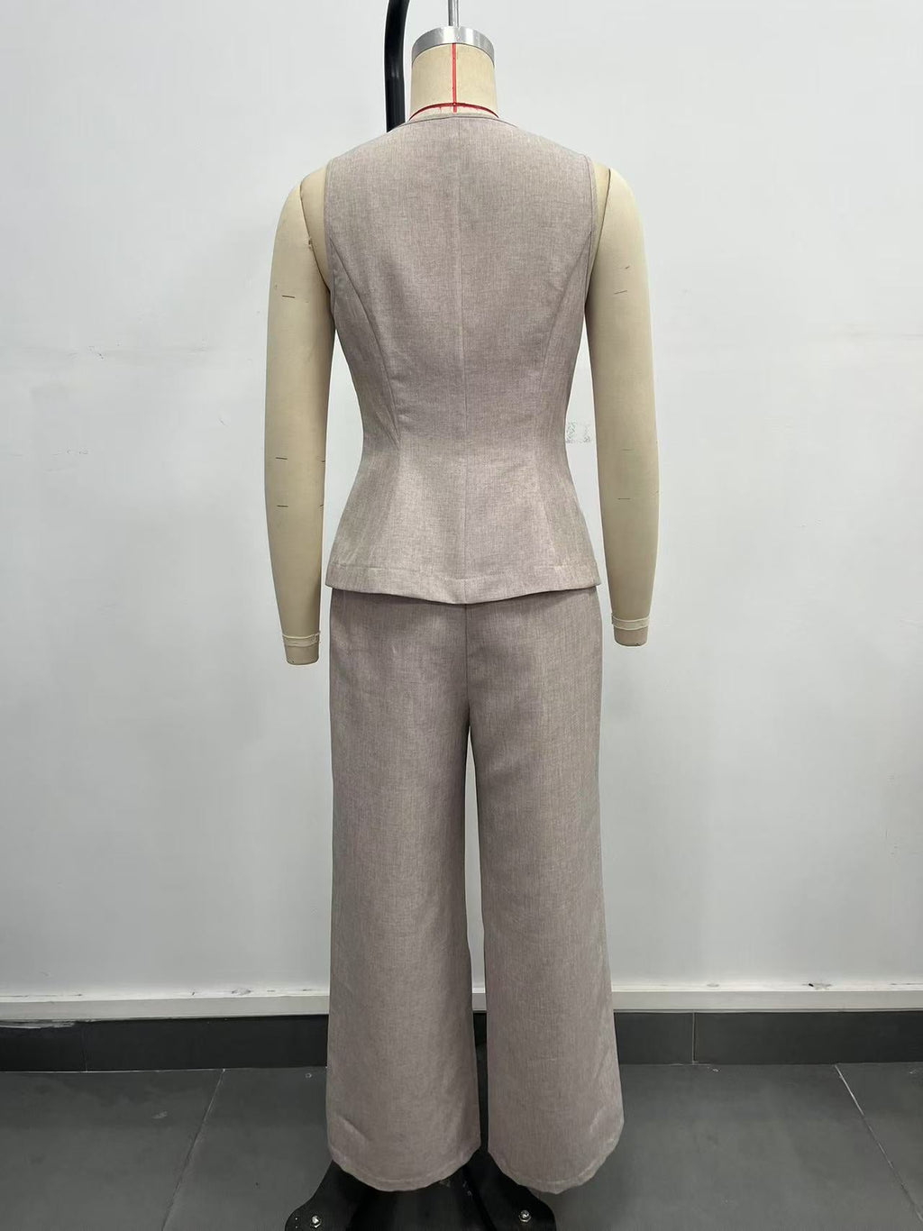 Flowering Girl Women Khaki High Waist Front Slit Wide Leg Suit Pants Textured Linen Blend Office Trousers