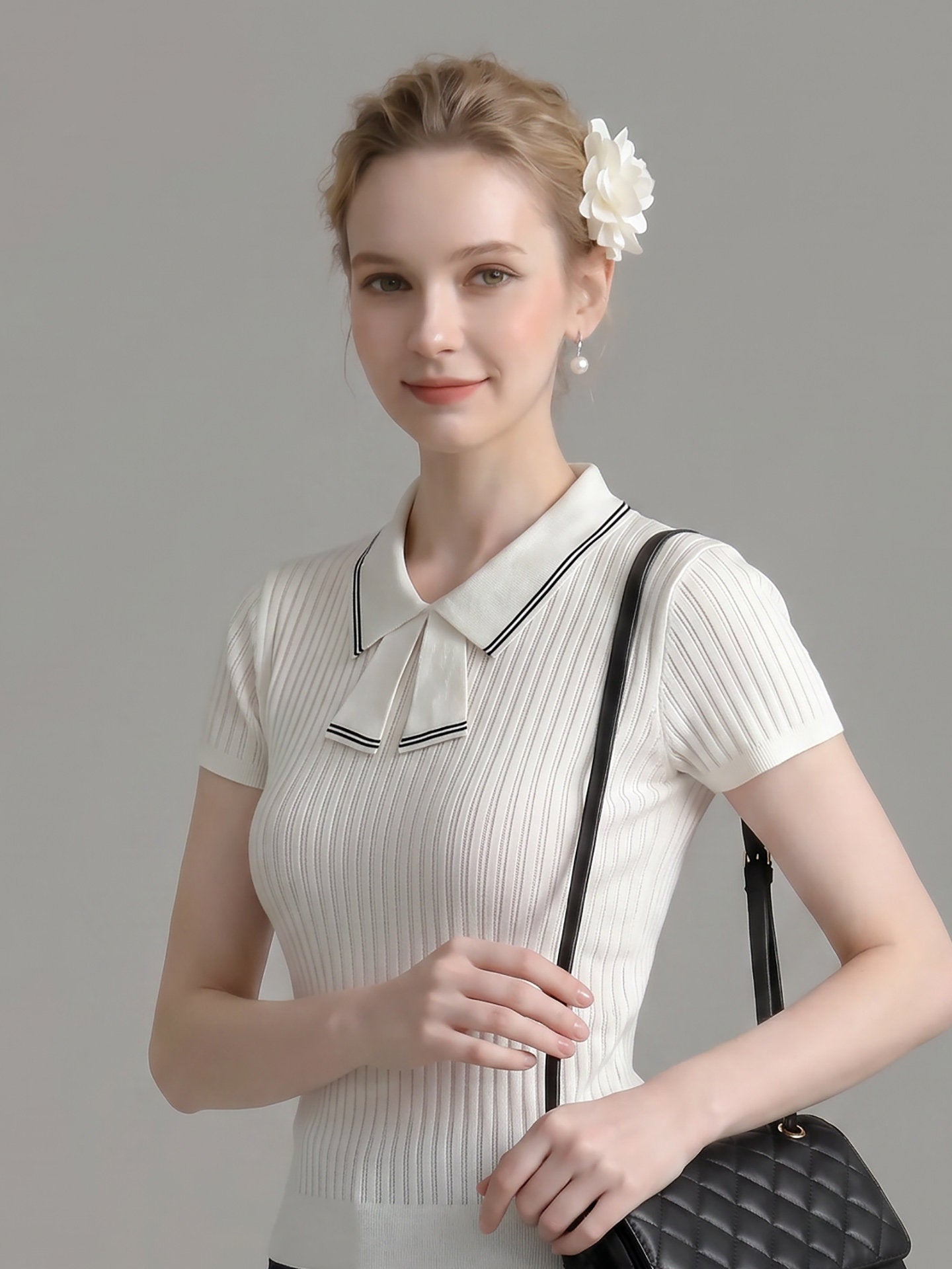 Flowering Girl Women Striped Collar Bow Tie Ribbed Knit Short Sleeve Top