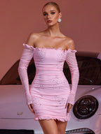xaviera Pink Off-Shoulder Bodycon Beads mini Dress