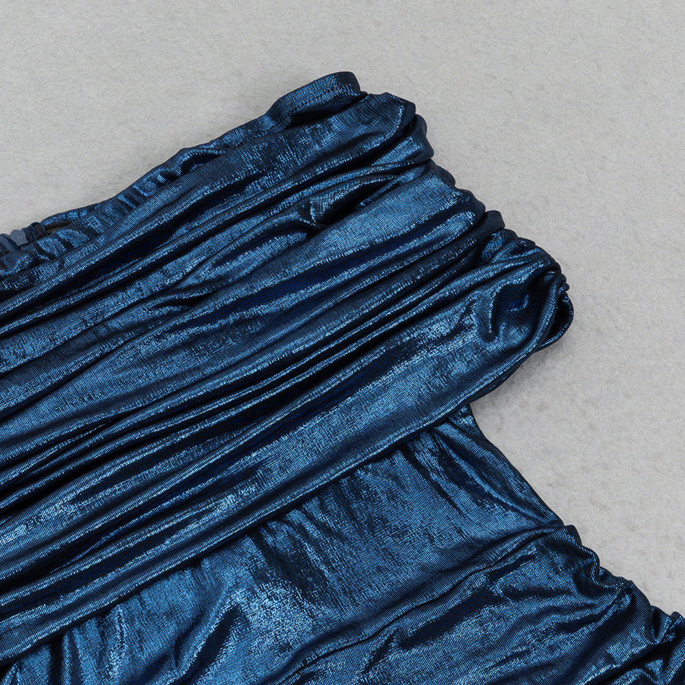 Doris Dark Blue Contour Metallic Off Shoulder Ruched Maxi Dress