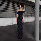 Laurel Off-Shoulder Rhinestone Bandage Maxi Dress In Black