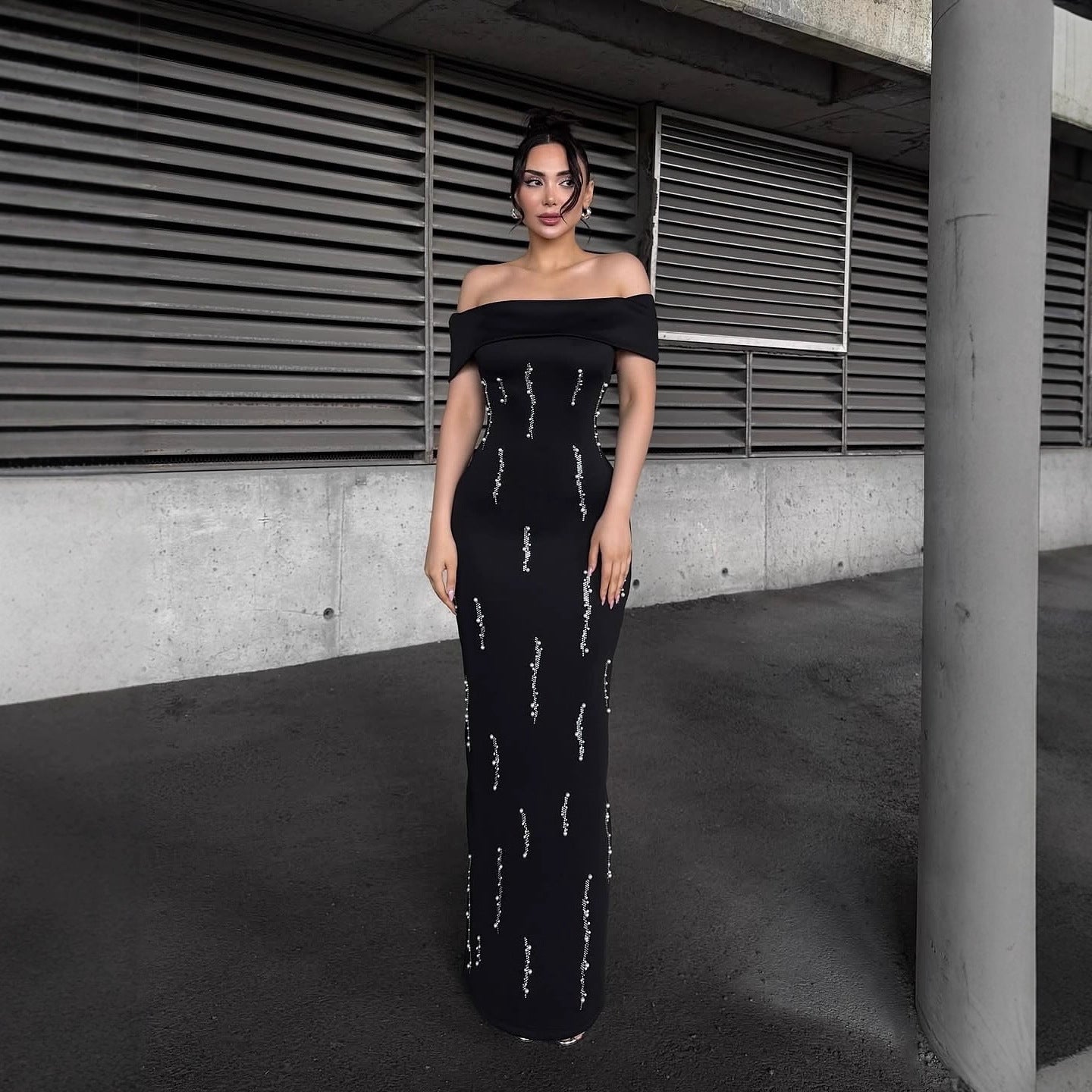 Laurel Off-Shoulder Rhinestone Bandage Maxi Dress In Black