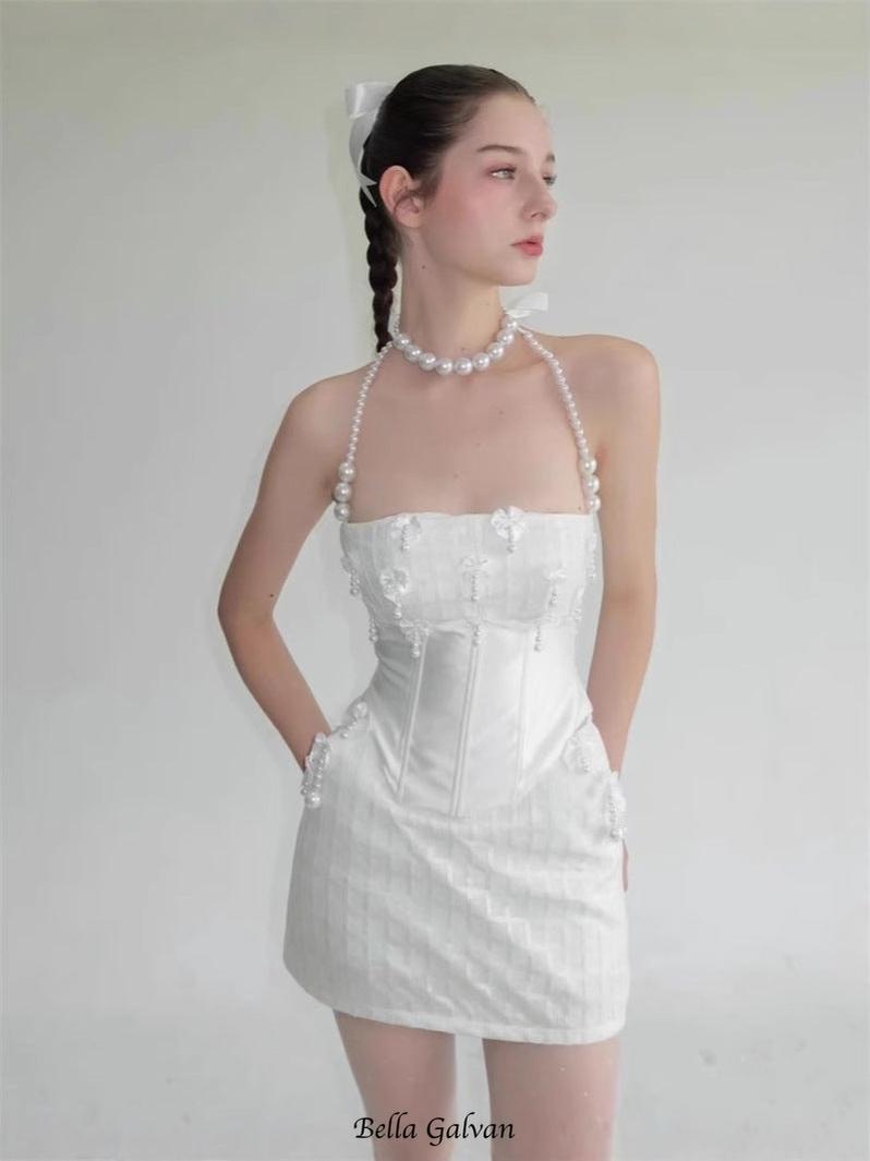 Flowering Girl Women pearl fishbone wrap top skirt set in white