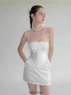 Flowering Girl Women pearl fishbone wrap top skirt set in white