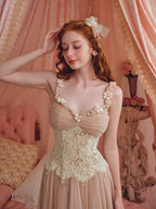 Flowering Girl Women Heloise Lace Mesh Flower Detail Maxi Dress In Cream Pink