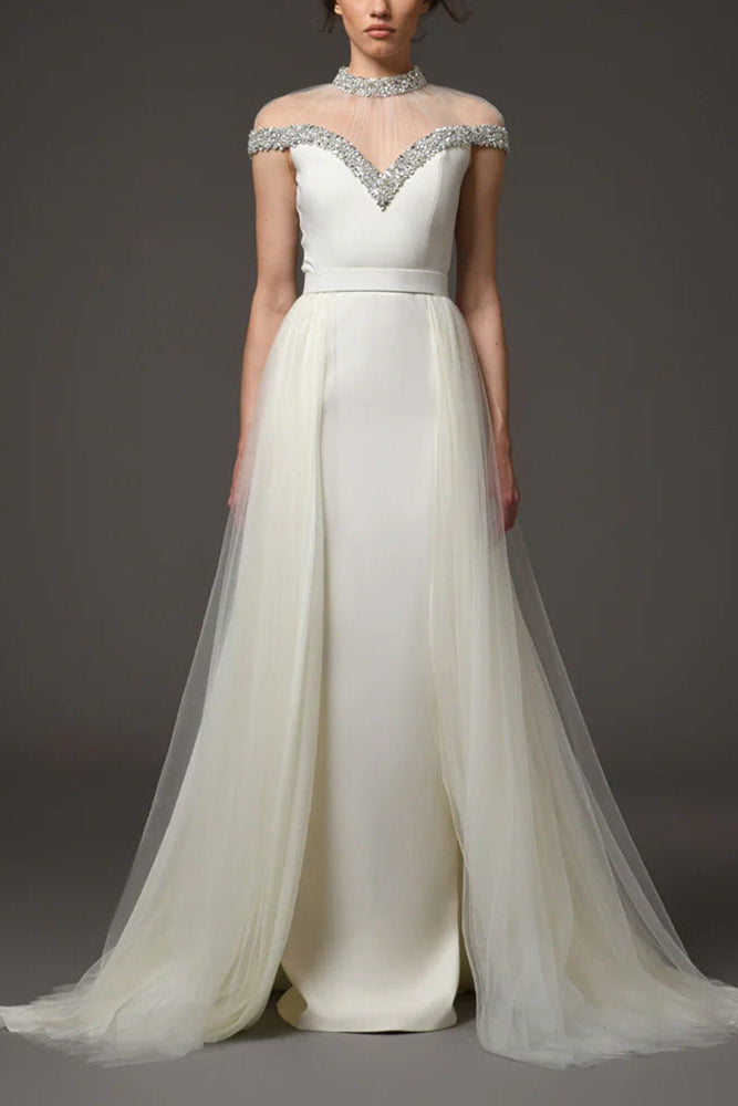 Flowering Girl Women Mesh-paneled beaded rhinestone-embellished maxi dress - white