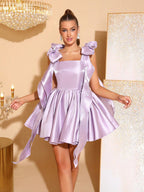 Cara Bowknot Satin Puffy Mini Dress In Purple