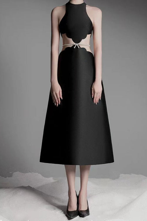 Flowering Girl Women anila pearl chain embellished midi dress in black