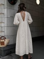 Flowering Girl Women Loose-fitting puff sleeve V-neck cotton linen midi dress