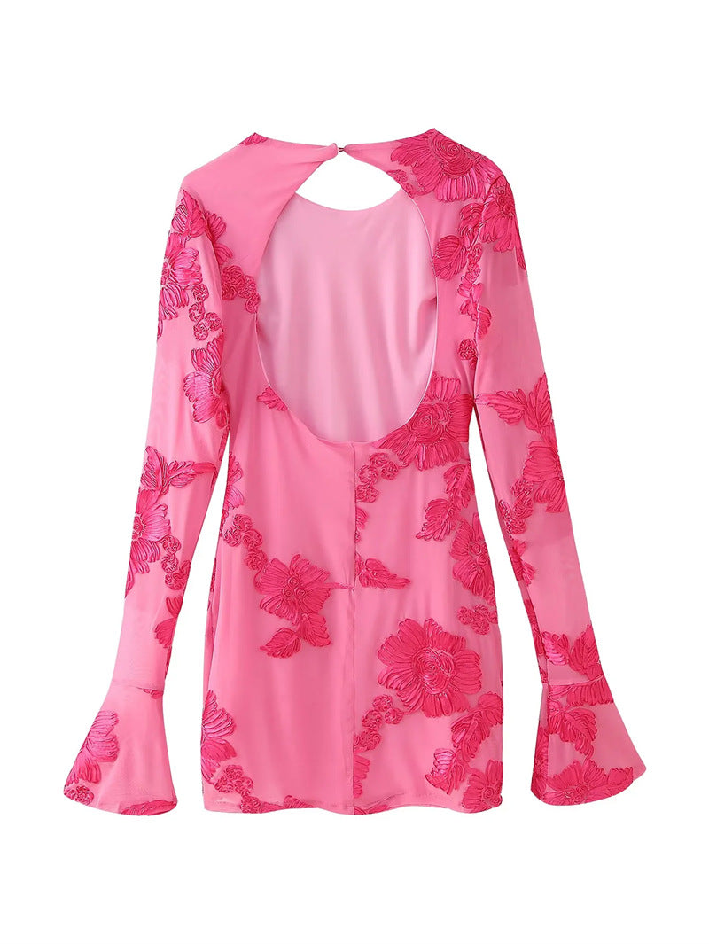 Floral Embroidered Open Back Mini Dress