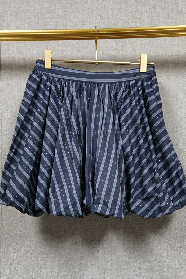 Flowering Girl Women Striped Rhinestone Bubble Hem Skirt In Grey