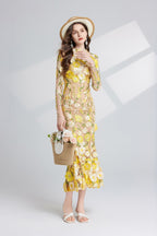 Flowering Girl Women CAROL YELLOW FLORAL EMBROIDERY MESH LONG SLEEVE MIDI DRESS