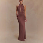 Flowering Girl Women brown halterneck open back maxi dress