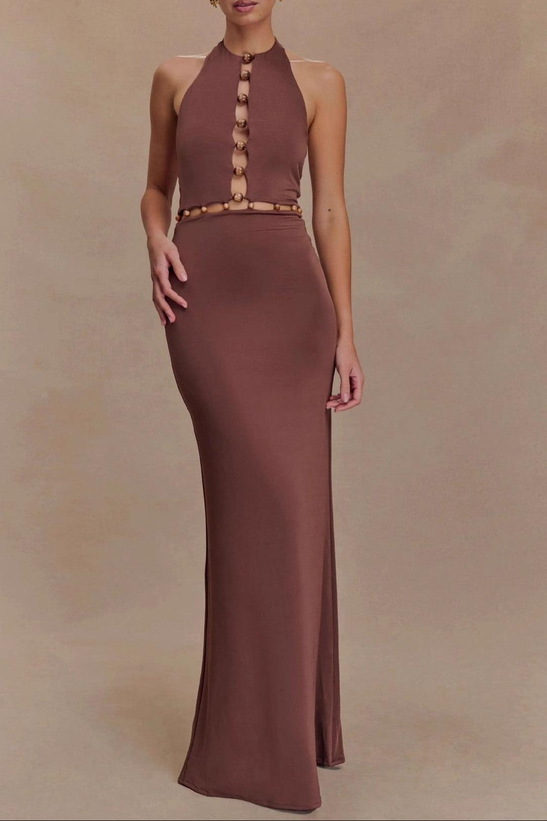 Flowering Girl Women brown halterneck open back maxi dress
