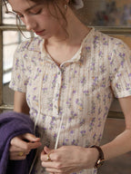 Floral Knit Short Sleeve Lace Collar Top