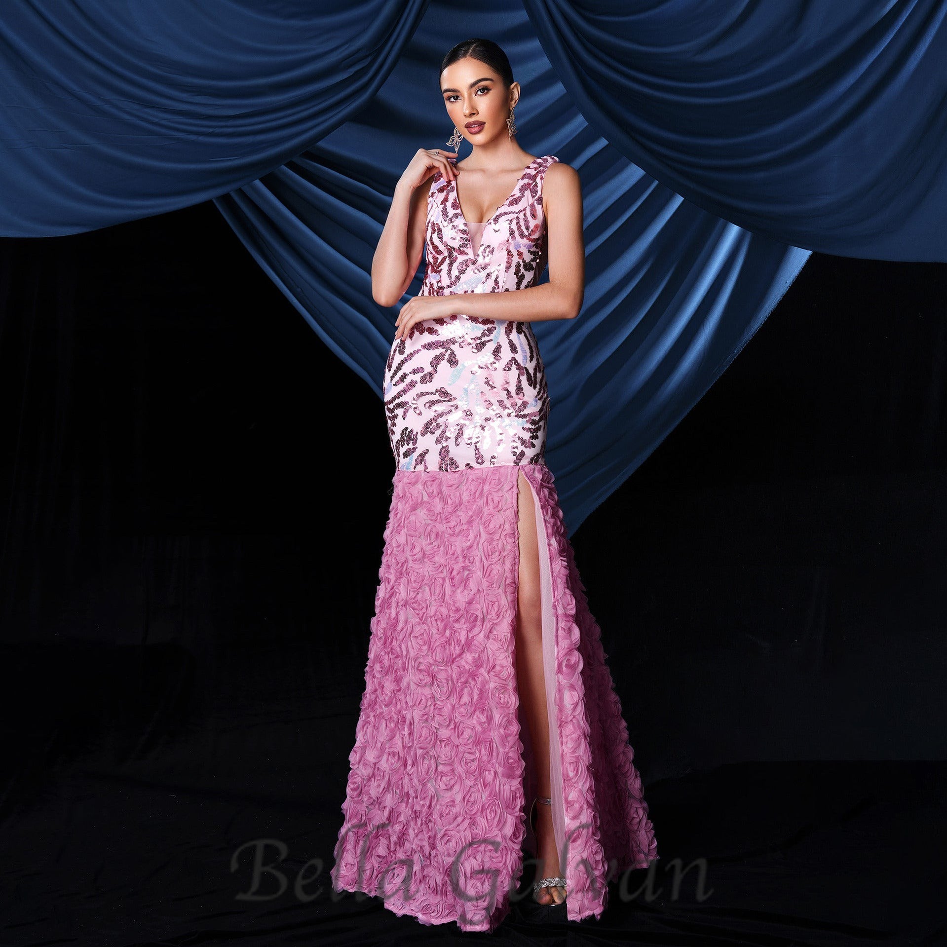 Flowering Girl Women floral sequin split maxi dress in pink