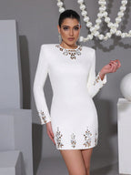lorraine Rhinestone long-sleeve slim mini dress in white