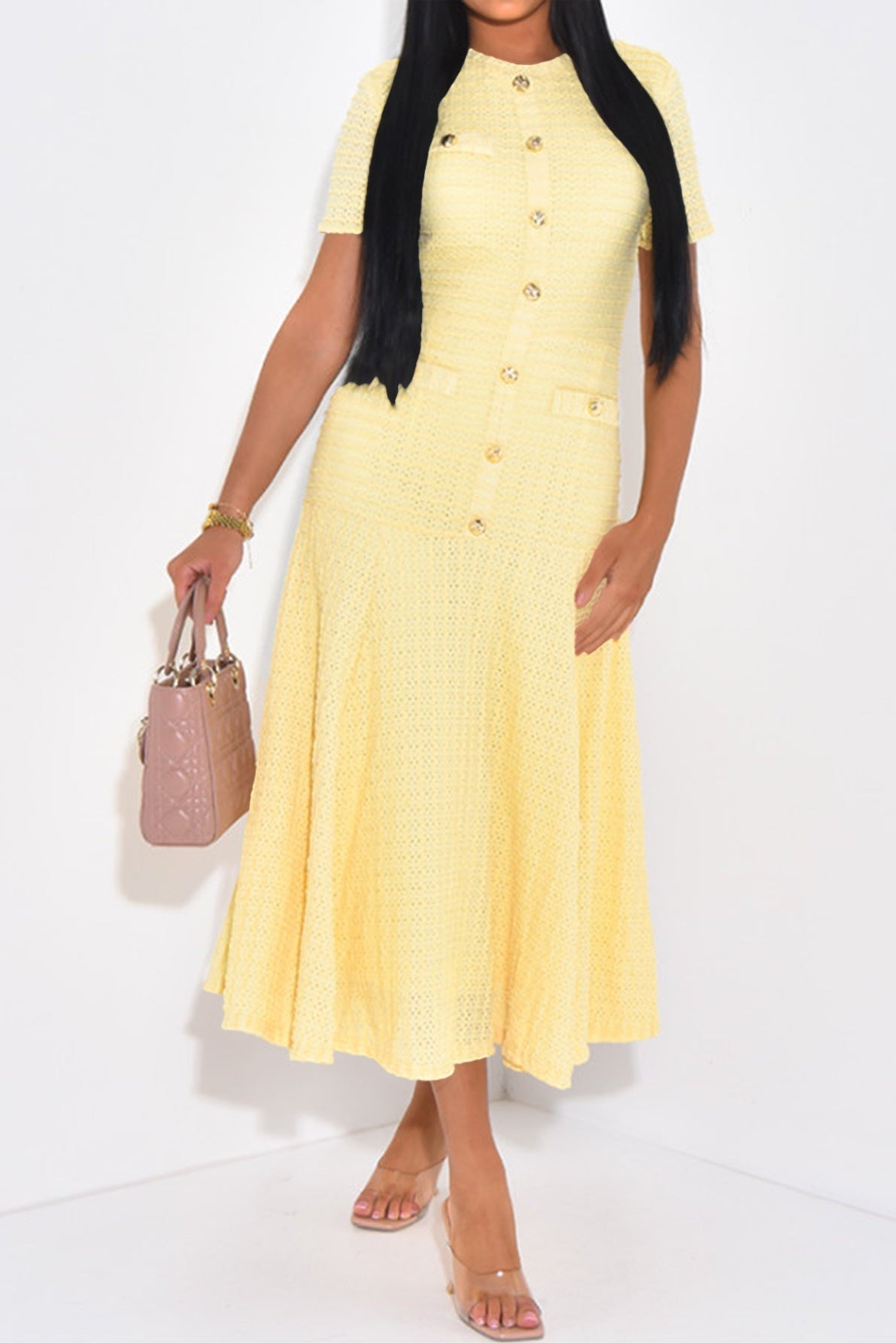 Flowering Girl Women yellow buttons short sleeves maxi dress