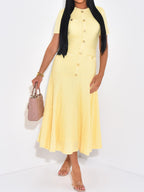 Flowering Girl Women yellow buttons short sleeves maxi dress