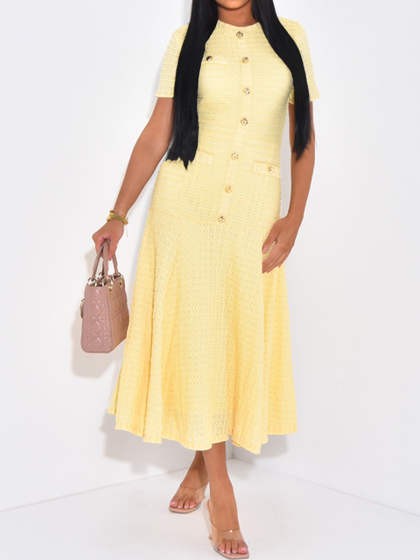 Flowering Girl Women yellow buttons short sleeves maxi dress