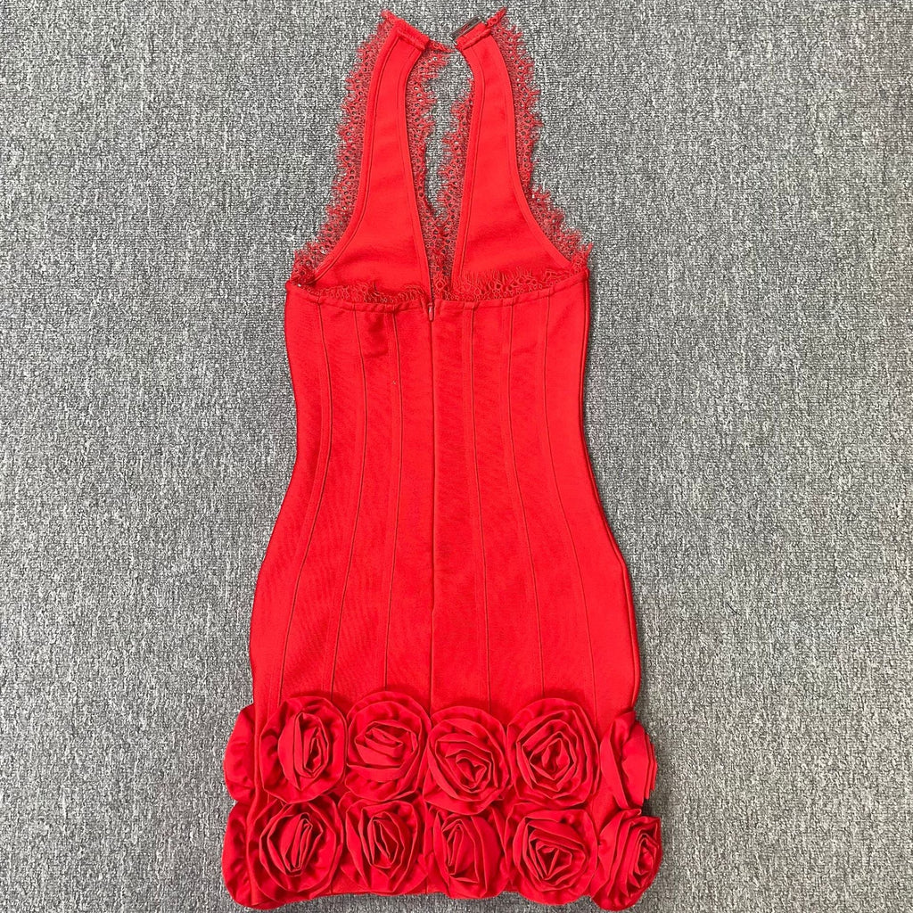 louise Halter Neck Flower Bandage Mini Dress in red