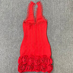 louise Halter Neck Flower Bandage Mini Dress in red