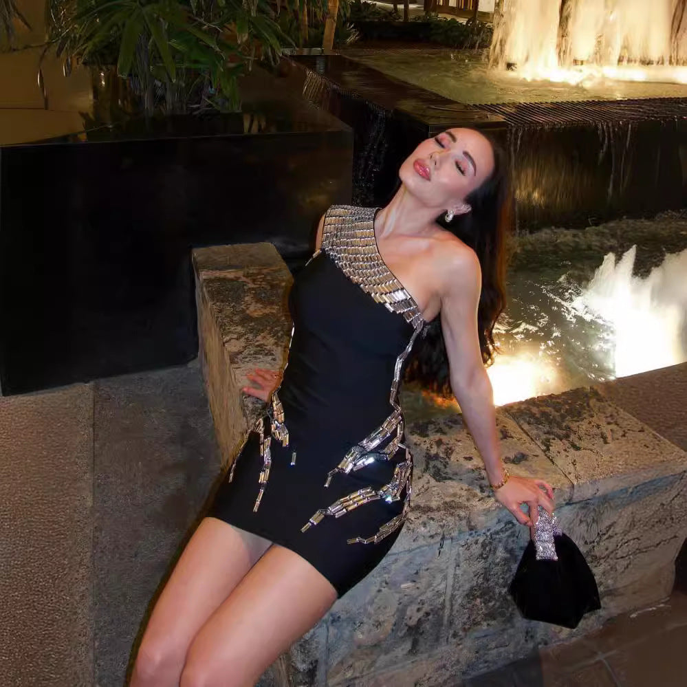 Flowering Girl Women One Shoulder Rhinestone Mini Dress In Black