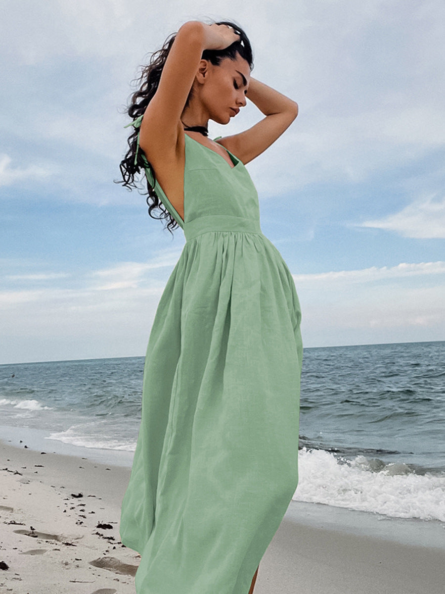 Flowering Girl Women cotton linen backless strap midi dress