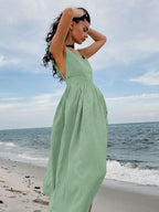 Flowering Girl Women cotton linen backless strap midi dress