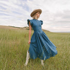 Flowering Girl Women Blue Denim Ruffle Cap Sleeve Button Front Flared Midi Dress