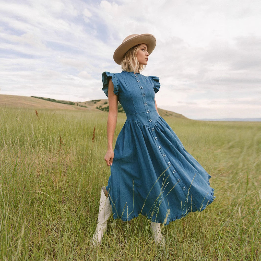 Flowering Girl Women Blue Denim Ruffle Cap Sleeve Button Front Flared Midi Dress