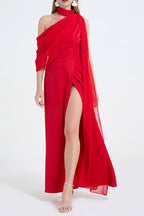 Flowering Girl Women tammy Tailored One-Shoulder Detachable Collar Maxi Dress in red