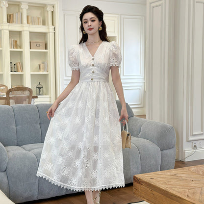 White Eyelet Embroidered Puff Sleeve Midi Dress