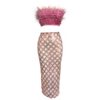 audrey pink feather top sequin Midi Skirt set