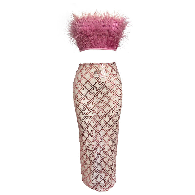 Audrey Pink Feather Top Sequin Midi Skirt Set