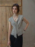 Flowering Girl Women plaid French slim-fit V-neck tied blouse