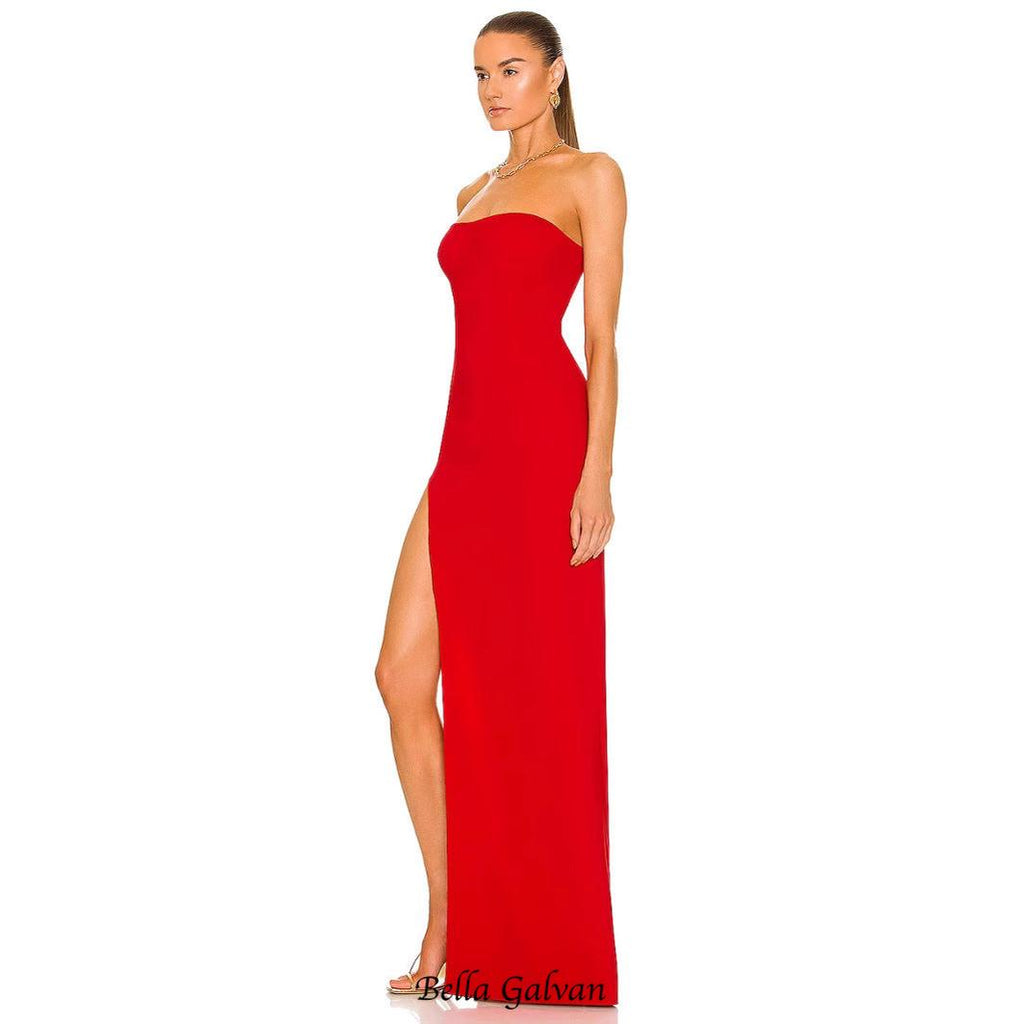 Flowering Girl Women Tube Slit strapless Gown in red