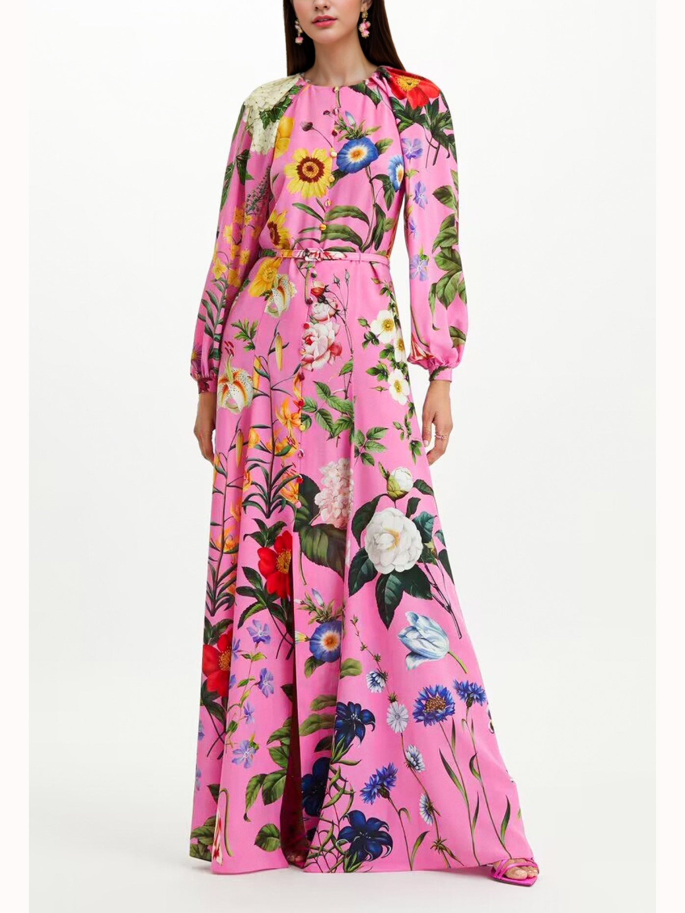 Pink Floral Print Single-Breasted Satin Maxi Dress