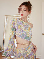 Dolores French-Style Printed Off-Shoulder Single-Sleeve Slit Mini Dress