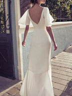 White irregular V-neck, backless long skirt, flared sleeves, elegant dress skirt, waist slimming, satin dress
