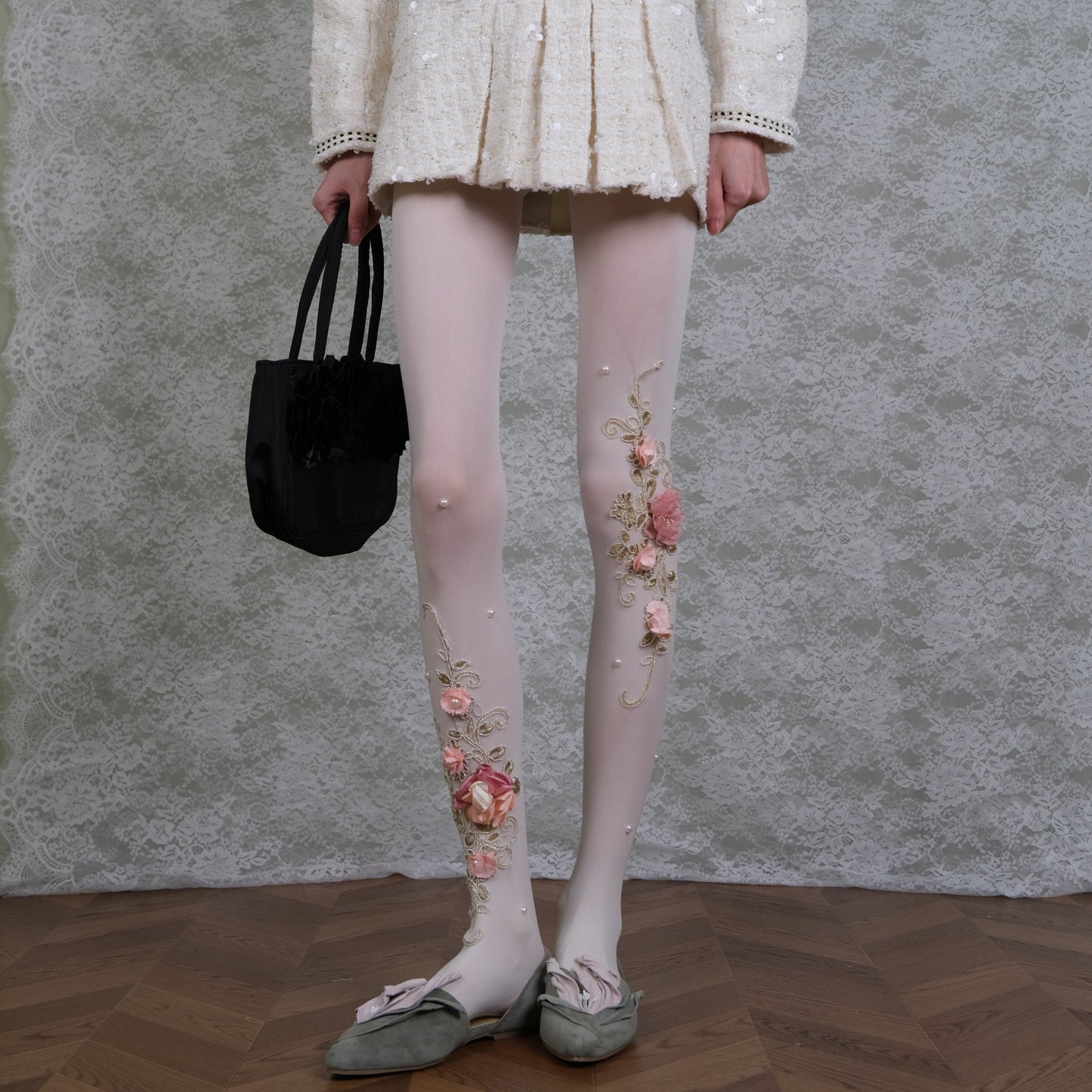 Sheer White Floral Embroidered Tights with 3D Flowers & Pearls