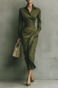 Flowering Girl Women green Long Skirt Shirt Collar Long Sleeve Pocket maxi Dress