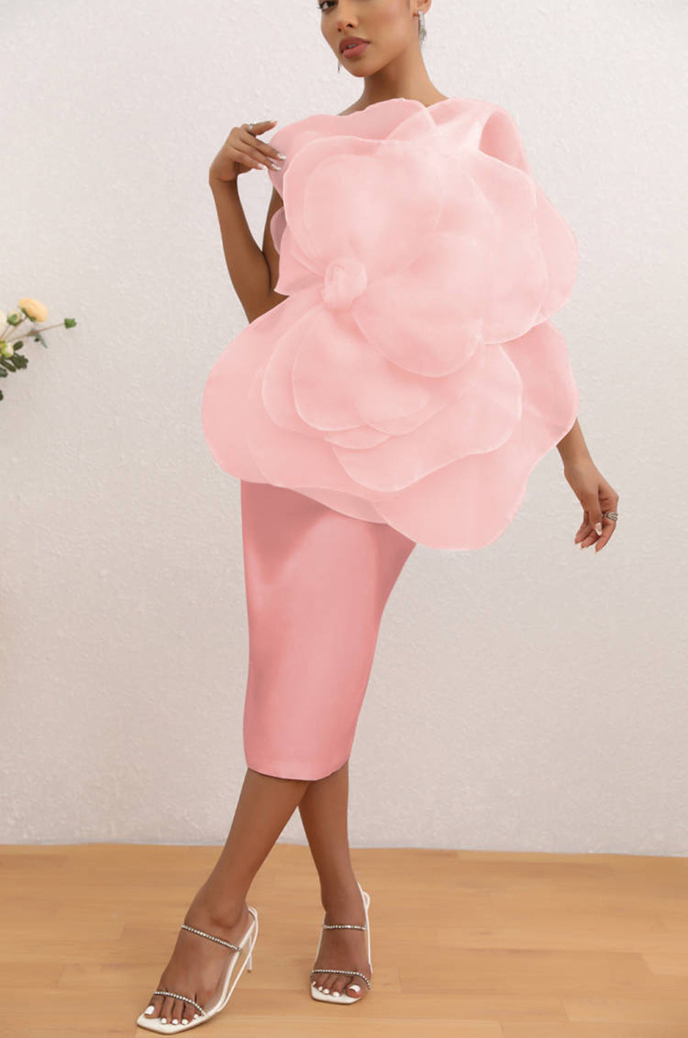 Flowering Girl Women Andrea Mesh Flower One Shoulder Midi Dress In Pink