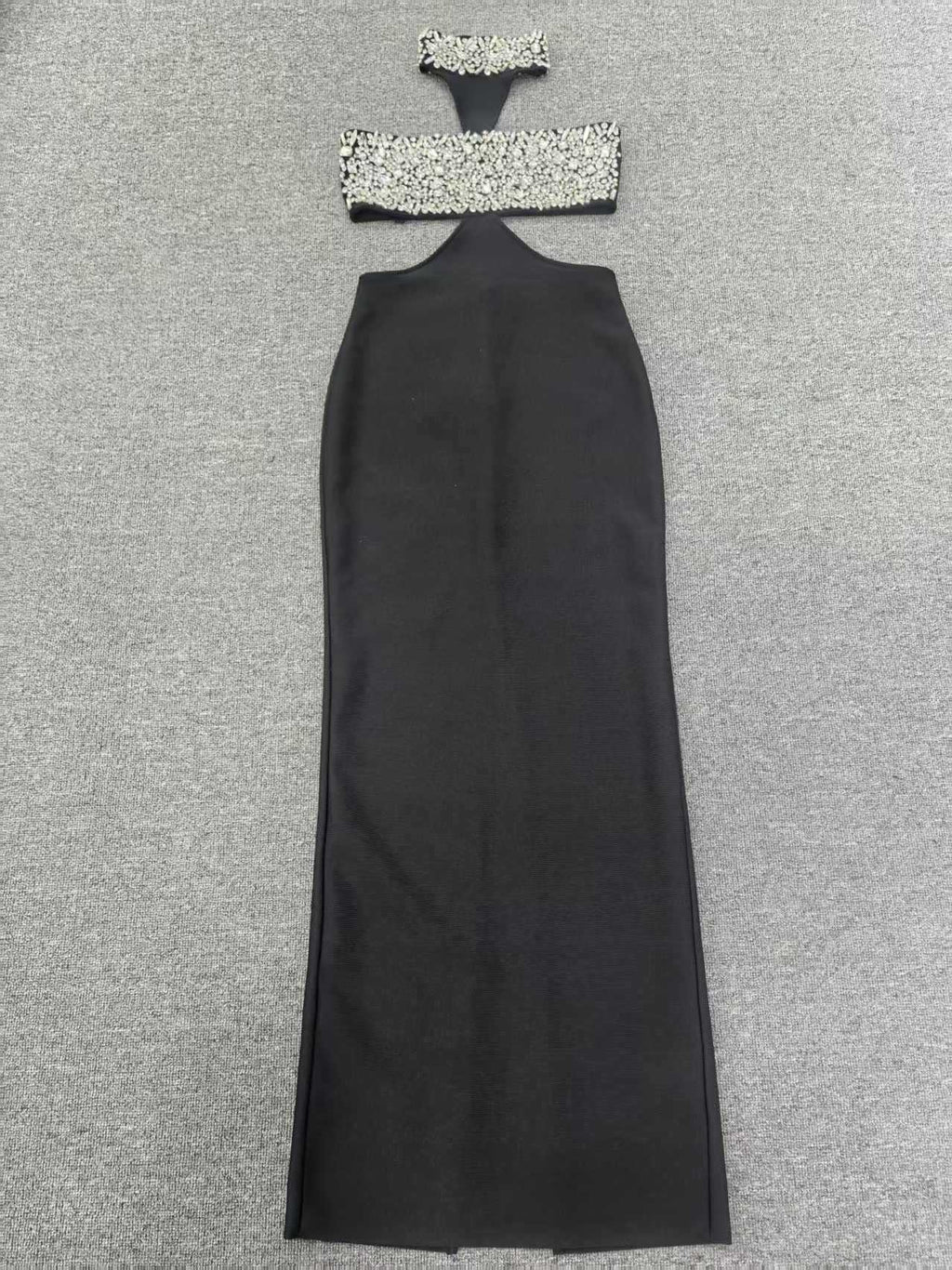 gwendolyn crystal halter cut out maxi dress in black