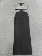 gwendolyn crystal halter cut out maxi dress in black