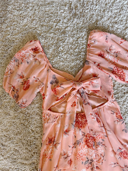 floral bow tie backless lantern sleeves dress